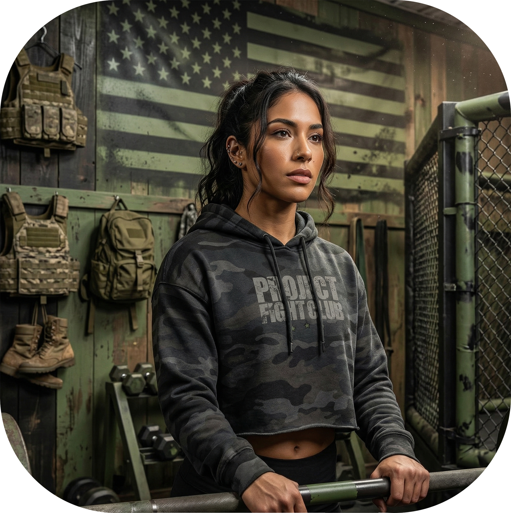 WOMENS BLACK CAMO CROP HOODIE - HONOR SOLDIERS & VETERANS