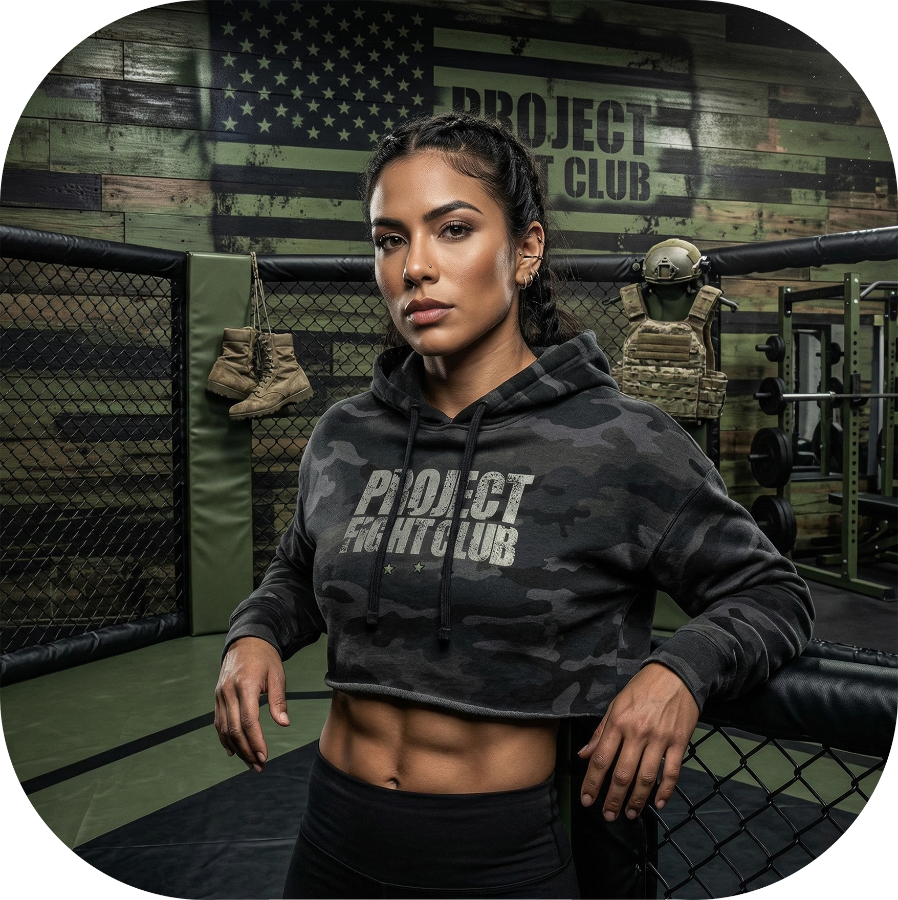 WOMENS BLACK CAMO CROP HOODIE - HONOR SOLDIERS & VETERANS