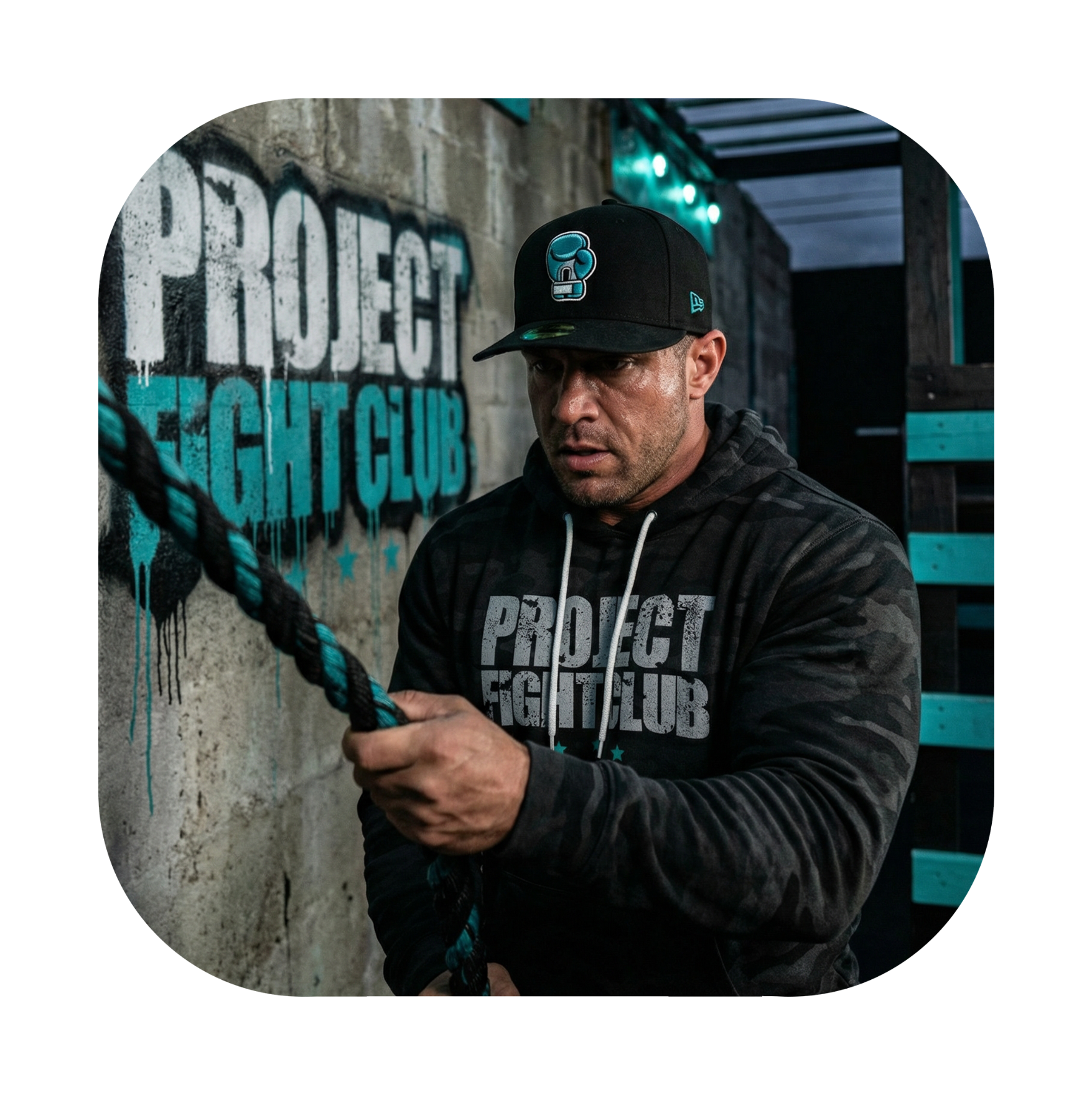 Man wearing a black hoodie and cap with 'Project Fight Club' branding, holding a rope.