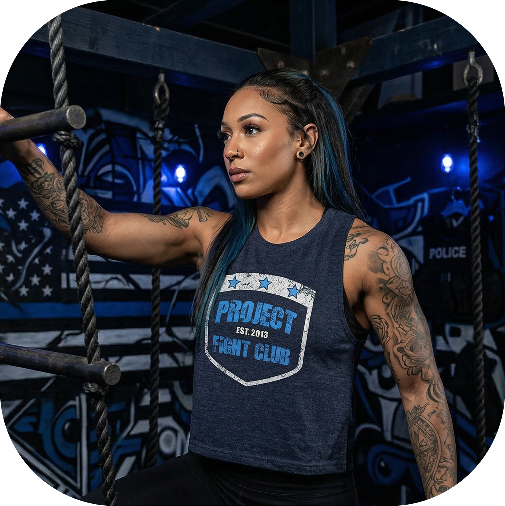 WOMENS NAVY RACERBACK CROPPED TANK #2 - SUPPORT POLICE