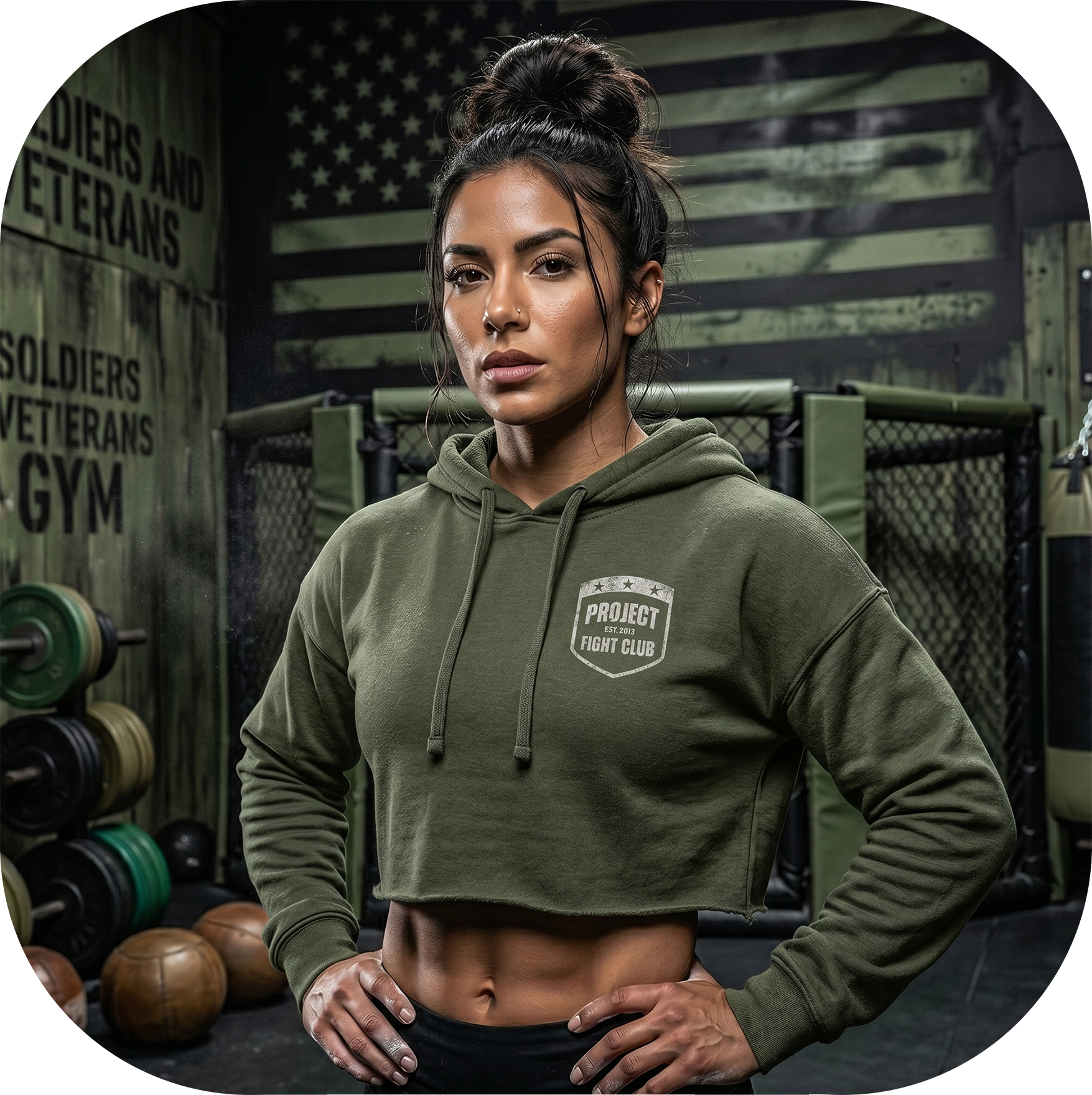 WOMENS MILITARY GREEN CROP HOODIE - HONOR SOLDIERS & VETERANS