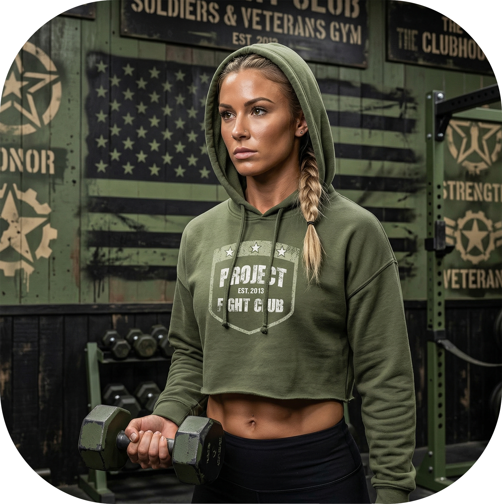 WOMENS MILITARY GREEN CROP HOODIE 2 - HONOR SOLDIERS & VETERANS