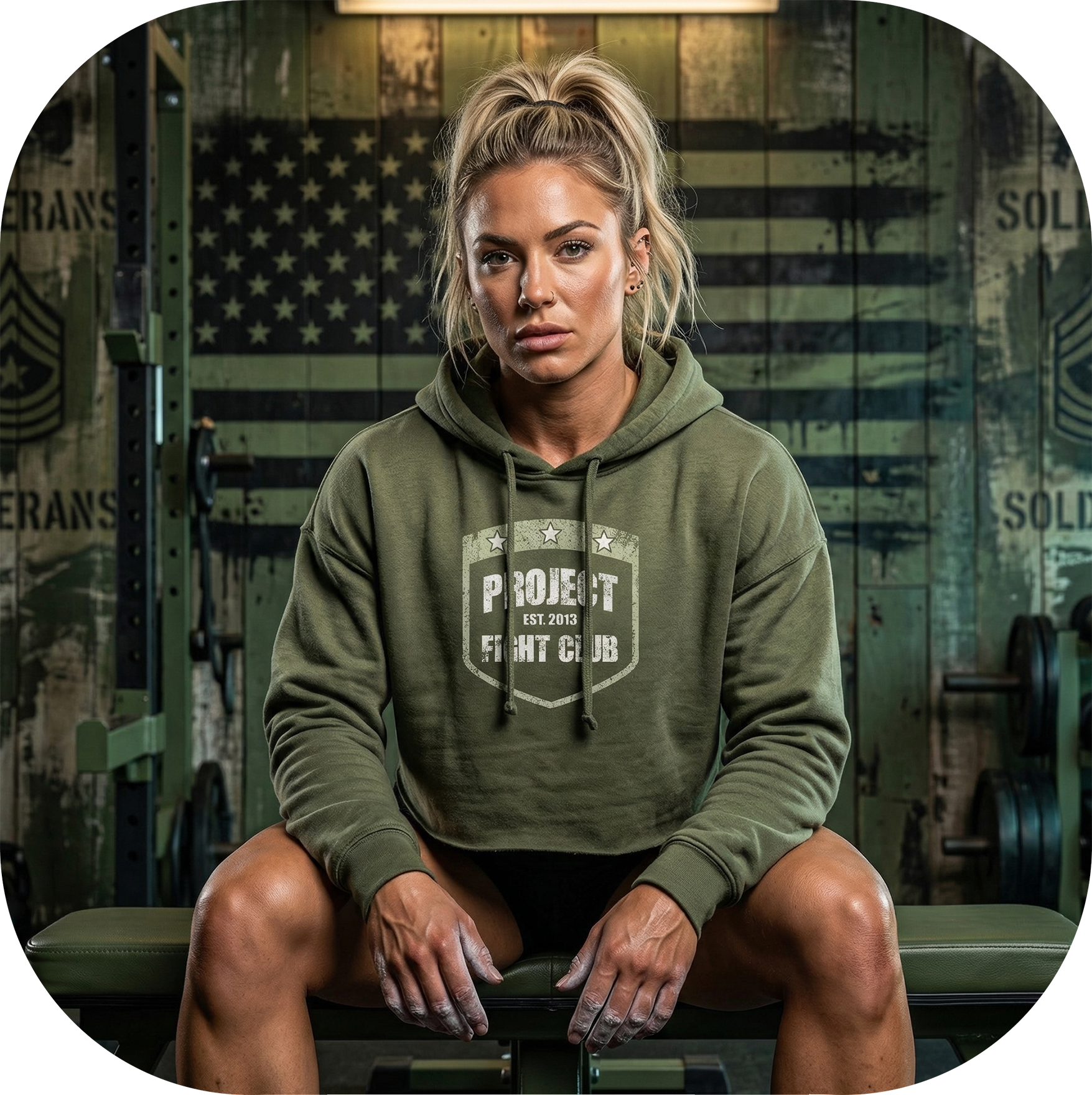 WOMENS MILITARY GREEN CROP HOODIE 2 - HONOR SOLDIERS & VETERANS
