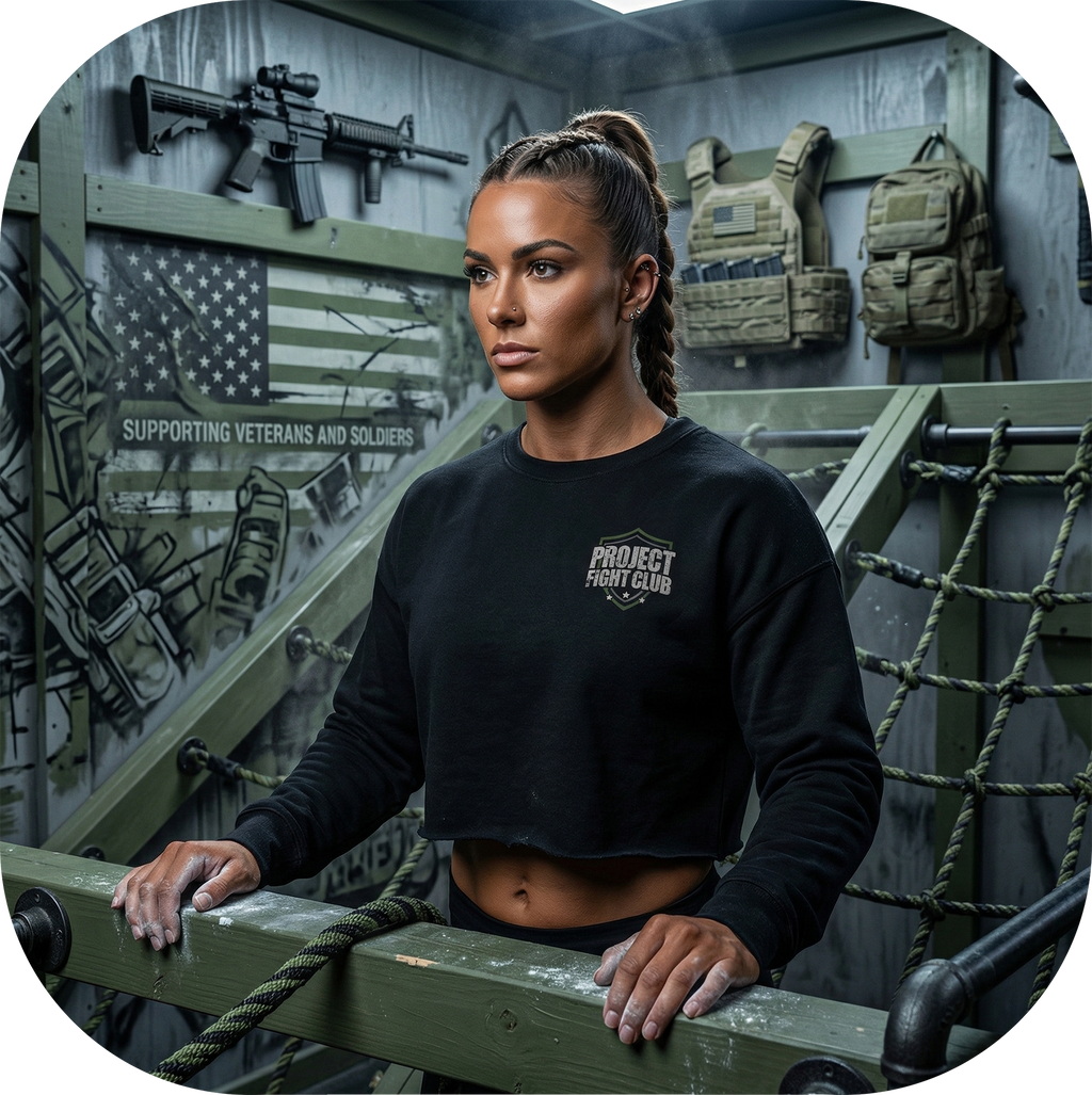 WOMENS BLACK CROP RAGLAN FLEECE - HONOR SOLDIERS & VETERANS