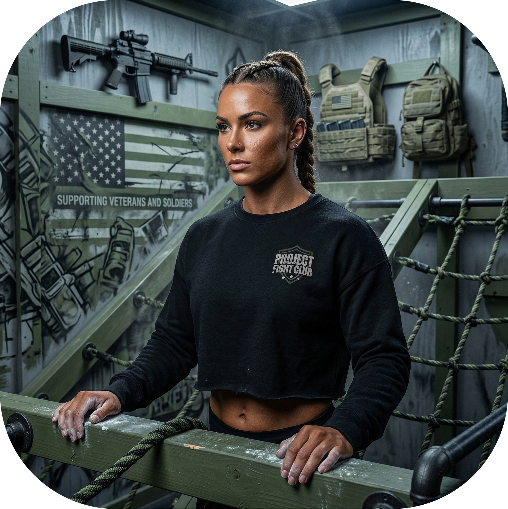 WOMENS BLACK CROP RAGLAN FLEECE - HONOR SOLDIERS & VETERANS