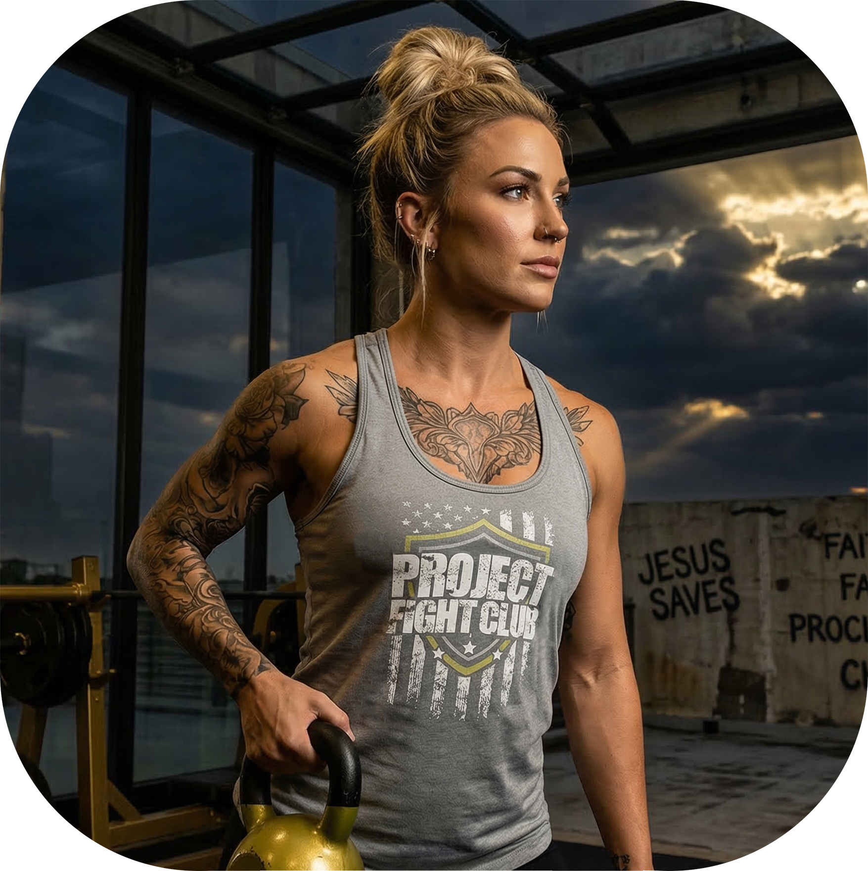Woman holding a kettlebell with a dark sky and clouds in the background