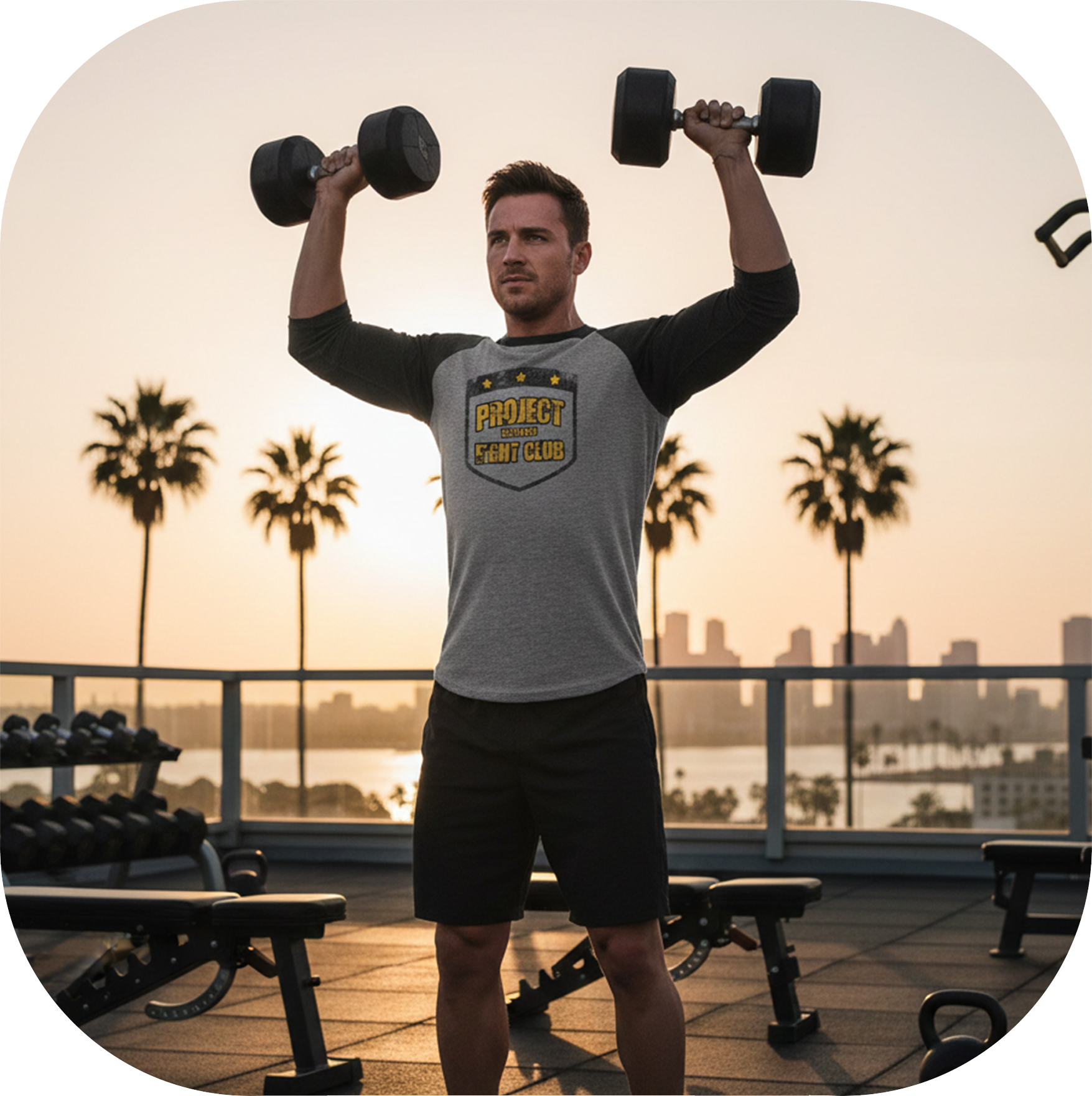 Man lifting dumbbells with a cityscape and palm trees in the background