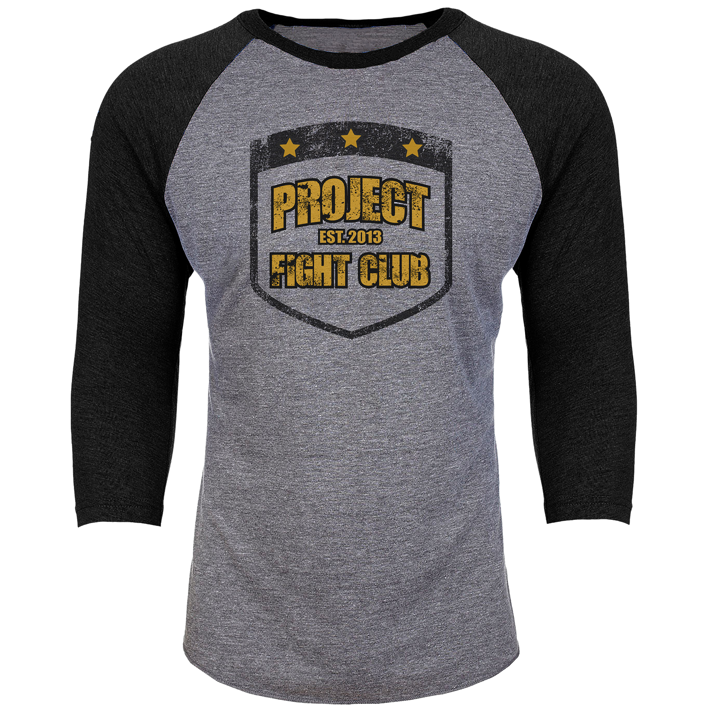 Gray and black baseball shirt with 'Project Fight Club' logo on a white background