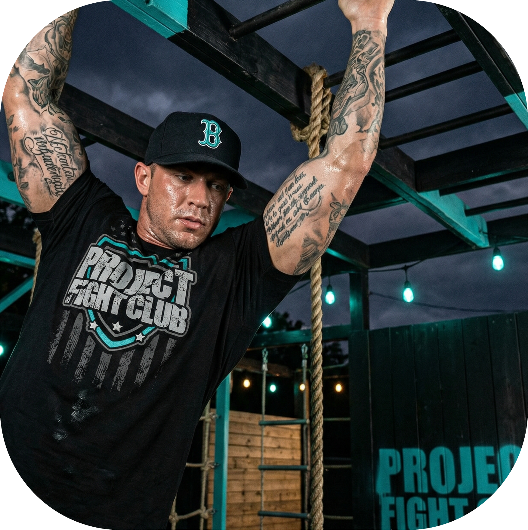 Man with tattoos lifting weights in a gym setting wearing a 'Project Fight Club' shirt.