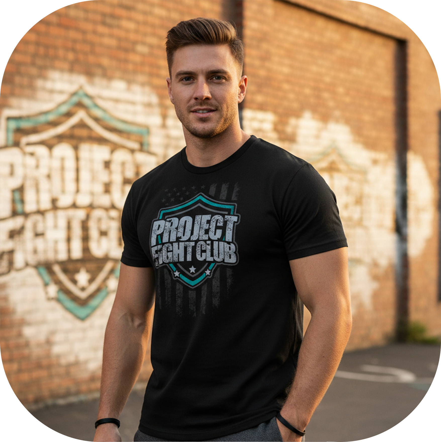 Man wearing a black 'Project Fight Club' t-shirt in front of a brick wall with graffiti.